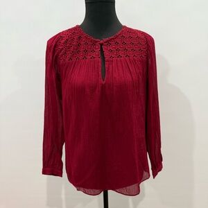 J. Crew Deep Red Blouse with Crochet Detail